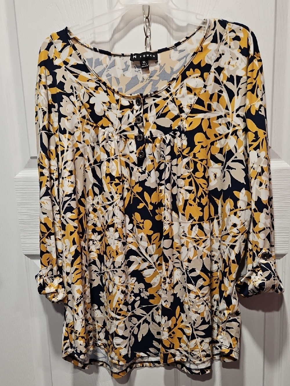 N Touch Floral Button-Front Top  in Navy, Mustard, Tan and White